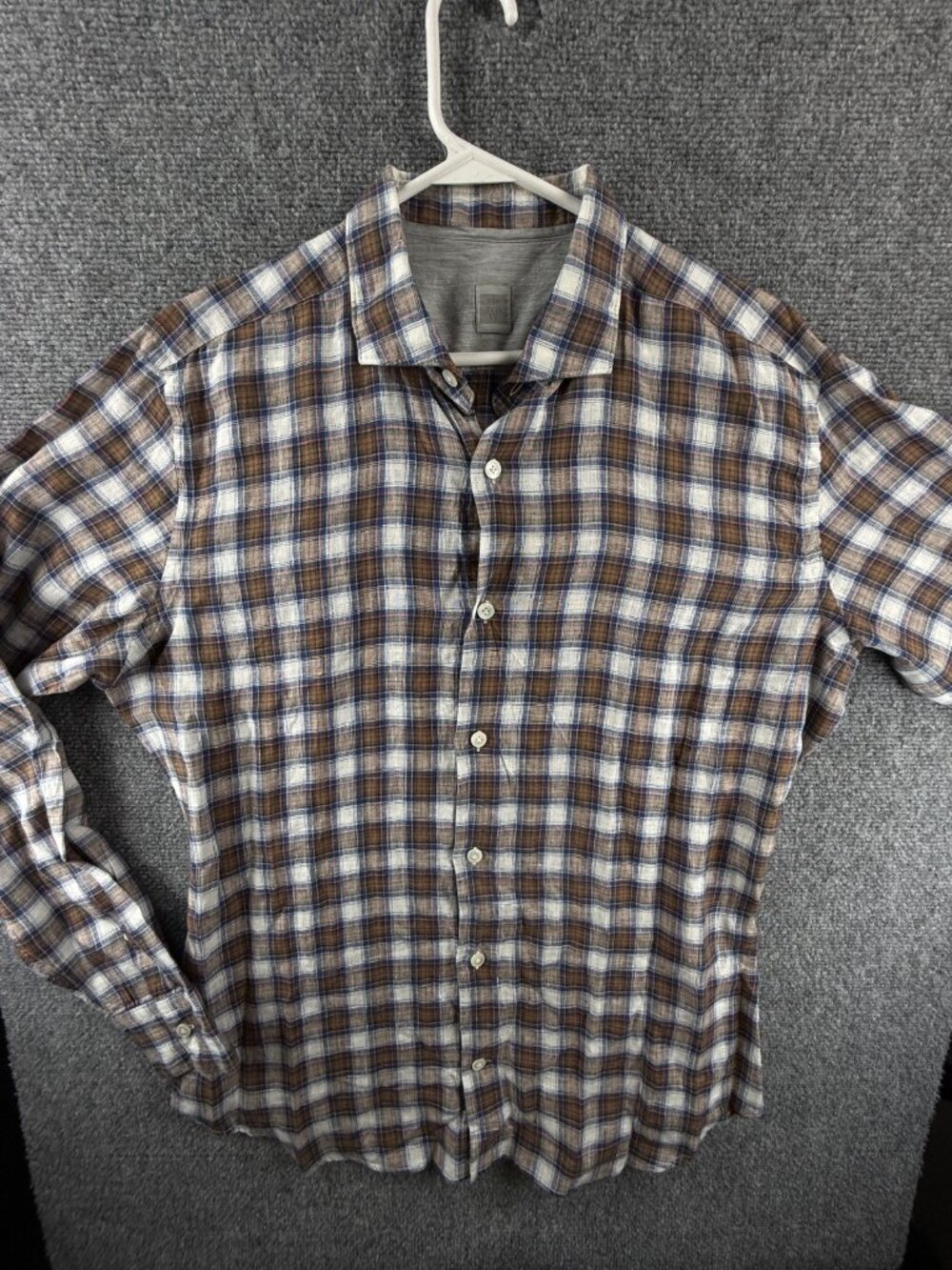 Eleventy Linen Extra Slim Long Sleeve Button Up Shirt Plaid Brown Blue XL Woven